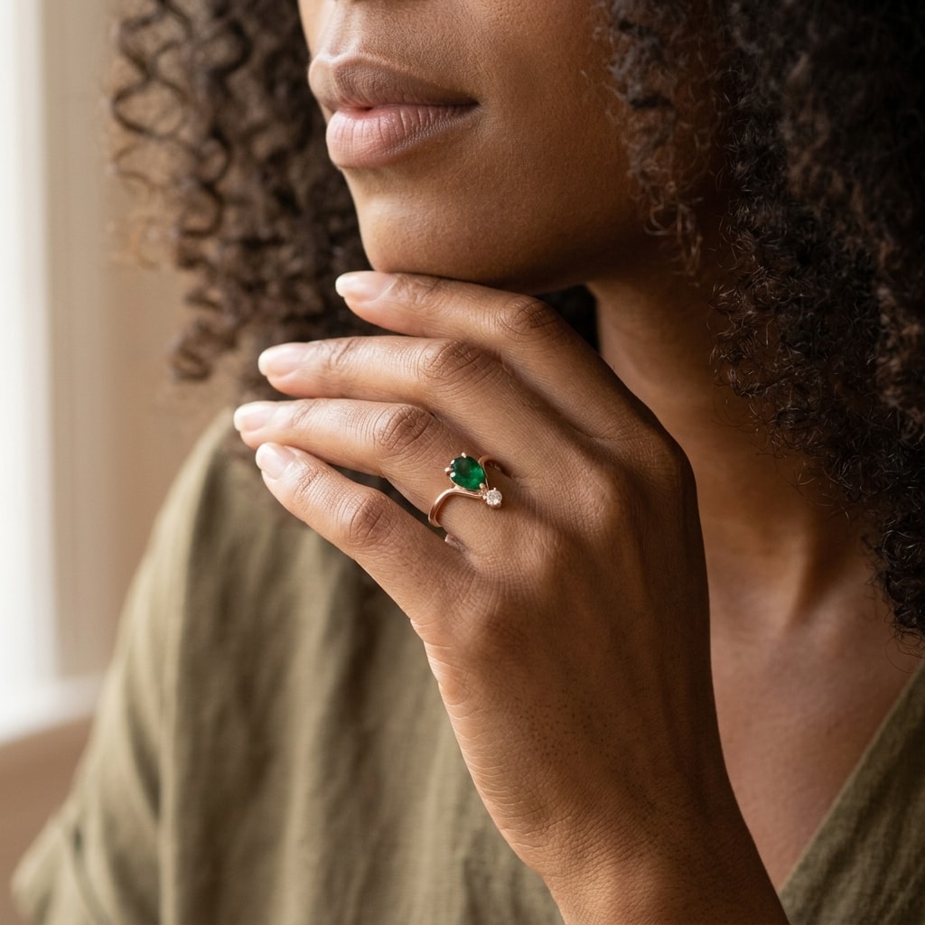 Pear_Shape_Green_Emerald_and_Small_Diamond_Engagement_Ring_On_Model