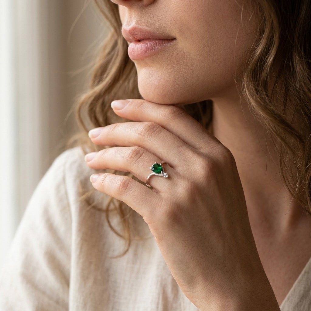 Pear_Shape_Green_Emerald_and_Small_Platinum_Diamond_Engagement_Ring_On_Model