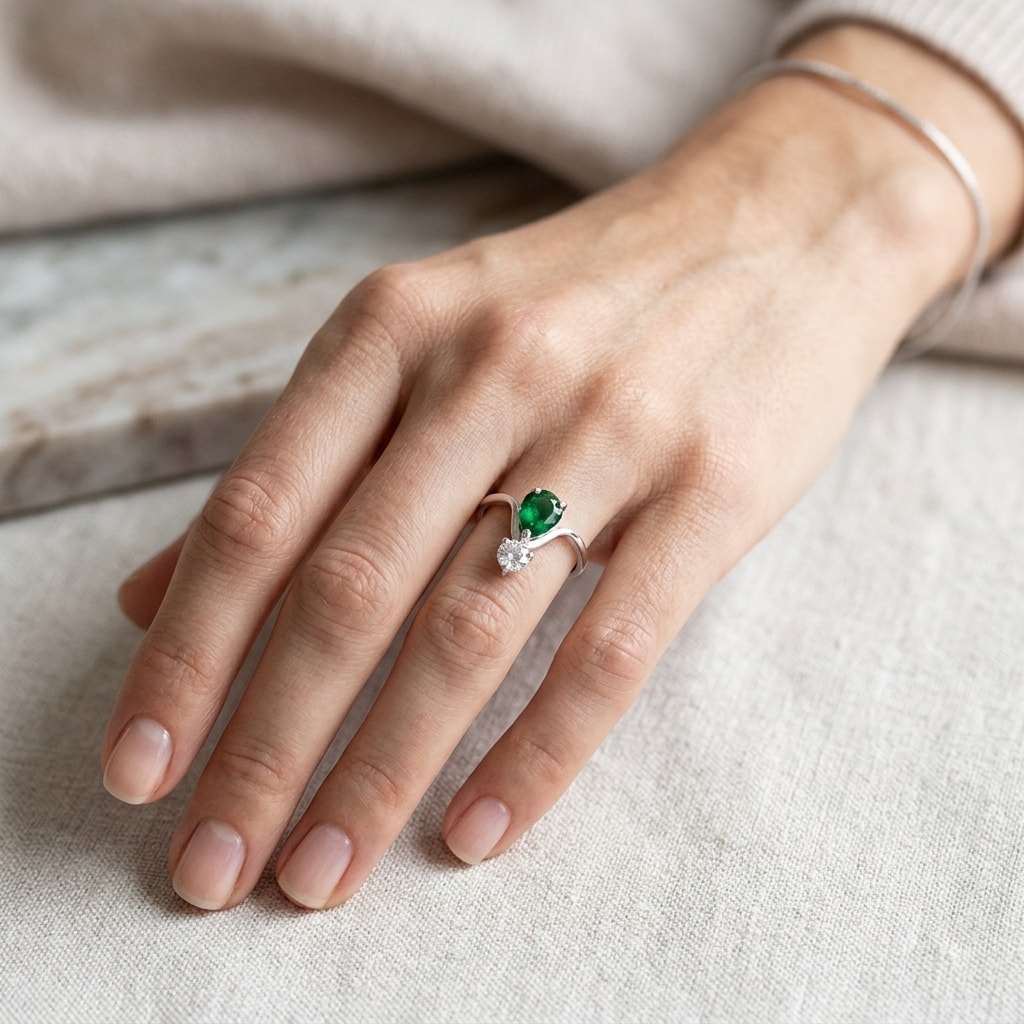Pear_Shape_Green_Emerald_and_Small_Platinum_Diamond_Engagement_Ring_On_Hand