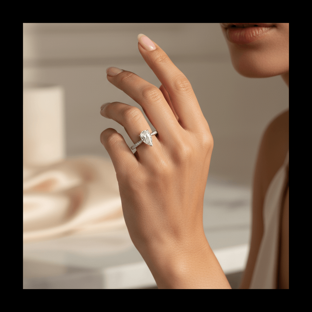 Pear_Shape_Lab_Grown_Diamond_Tapered_Pave_Setting_Engagement_Ring_On_Hand