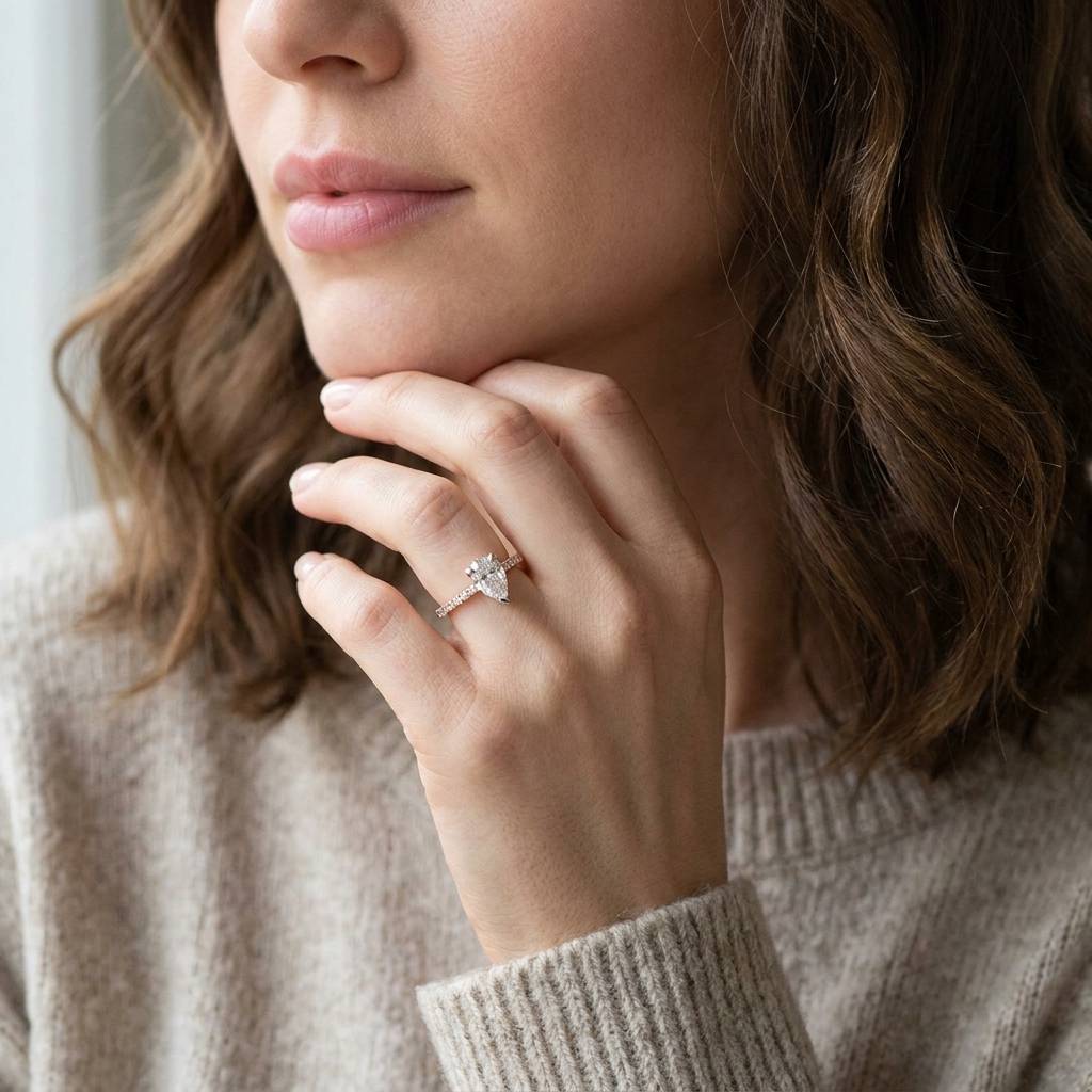 Pear_Shape_Micro_Setting_Diamond_Engagement_Ring_On_Model