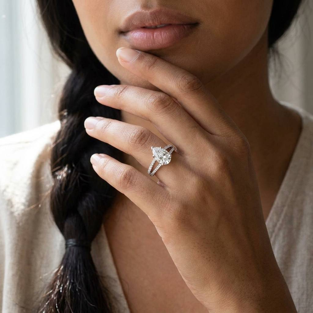 Pear_Shape_Micro_Setting_Split_Shank_Lab_Grown_Diamond_Engagement_Ring_On_Model