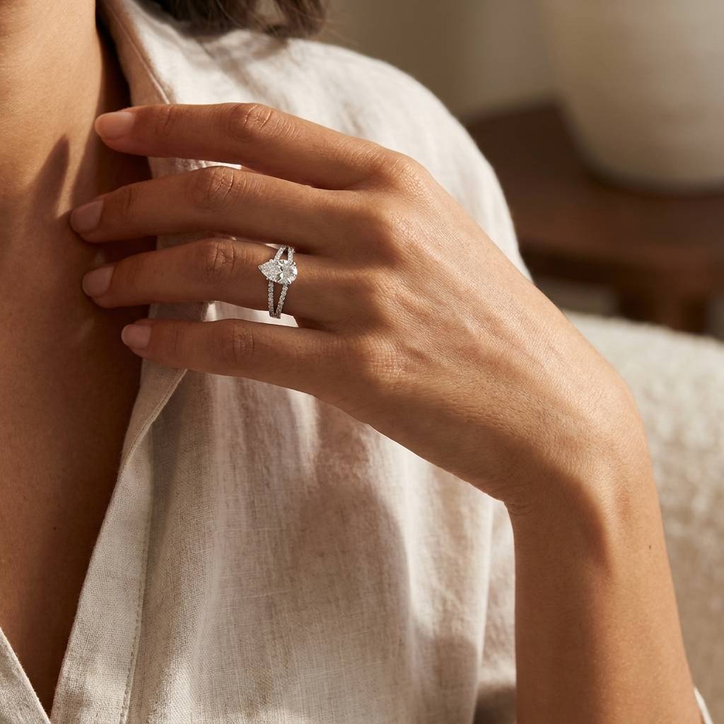Pear_Shape_Micro_Setting_Split_Shank_Lab_Grown_Diamond_Engagement_Ring_On_Hand