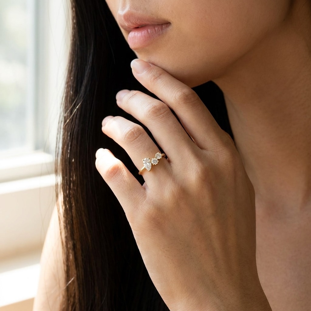 Pear_Shape_Multi_Stones_Round_Diamond_Lab_Grown_Engagement_Ring_On_Model