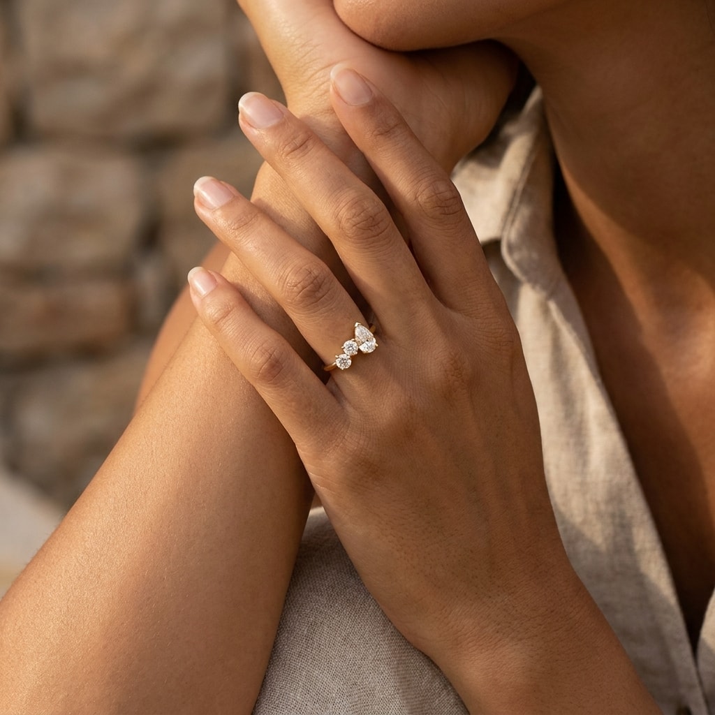 Pear_Shape_Multi_Stones_Round_Diamond_Lab_Grown_Engagement_Ring_On_Hand