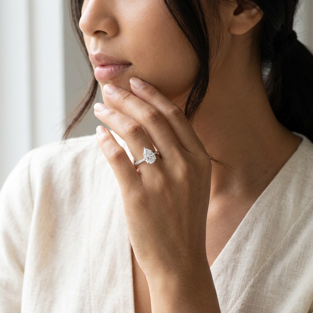 Pear_Shape_Pave_Setting_Diamond_Engagement_Ring_On_Model