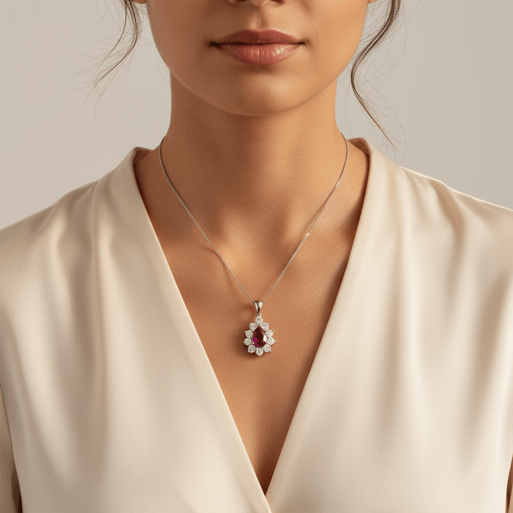 Pear_Shape_Ruby_Cluster_Diamond_Pendant_On_Model_2