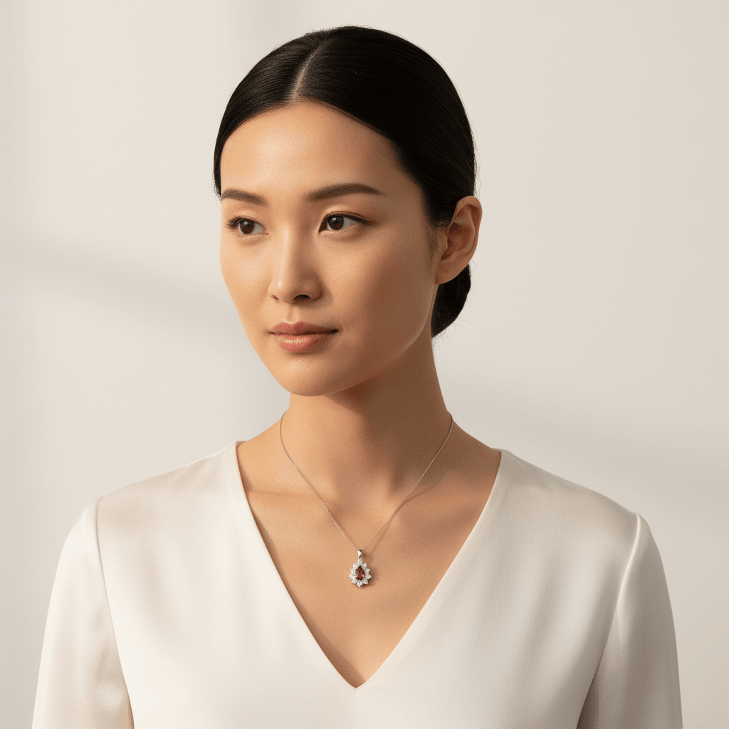 Pear_Shape_Ruby_Cluster_Diamond_Pendant_On_Model
