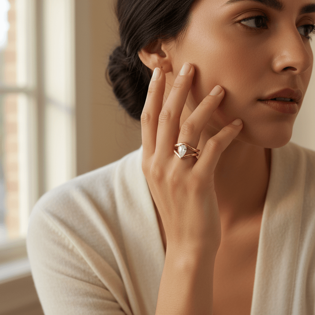 Pear_Shape_Split_Shank_Diamond_Engagement_Ring_On_Model