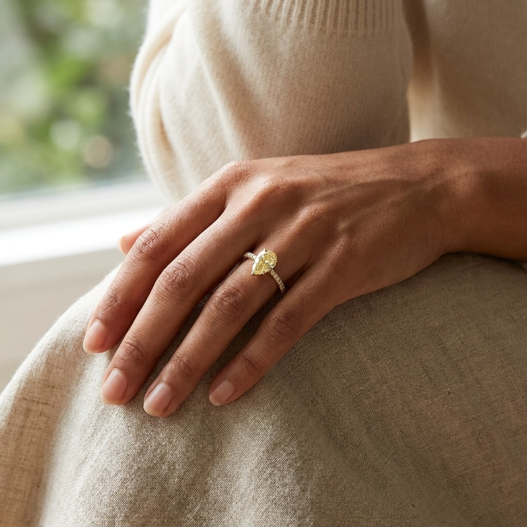 Pear_Shape_Yellow_Diamond_Engagement_Ring_On_Hand