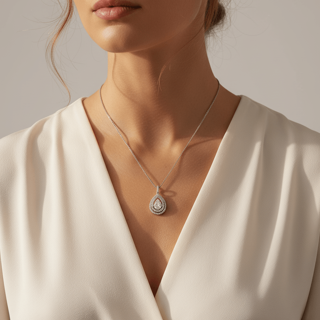 Pear_Shaped_Double_Halo_Diamond_Pendant_On_Model_2