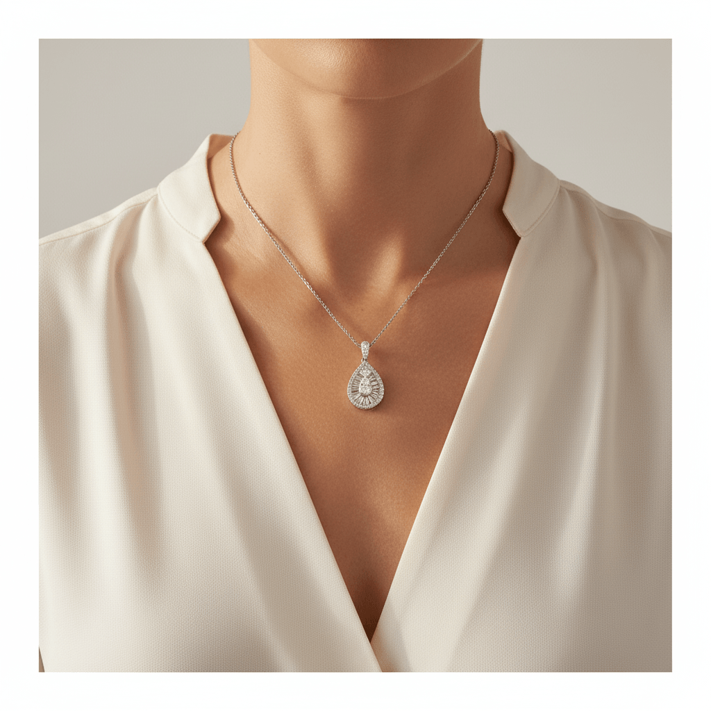 Pear_Shaped_Halo_Round_Baguette_Cuts_Diamond_Pendant_On_Model_2