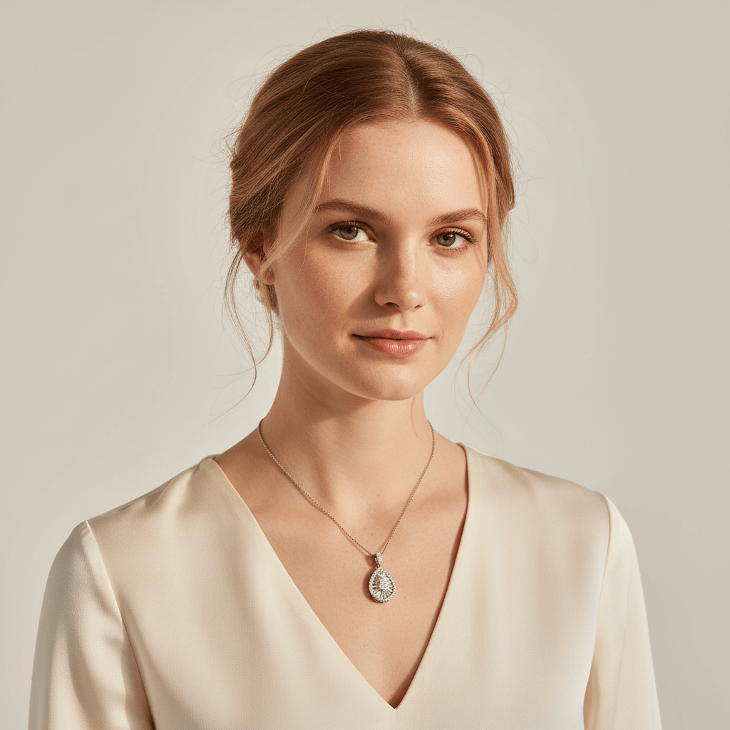 Pear_Shaped_Halo_Round_Baguette_Cuts_Diamond_Pendant_On_Model