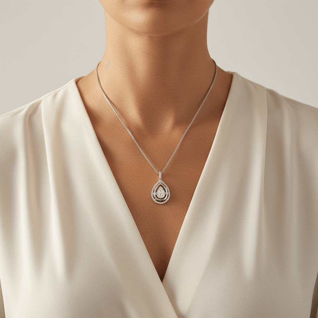 Pear_Shaped_Outer_Halo_Diamond_Pendant_On_Model_2