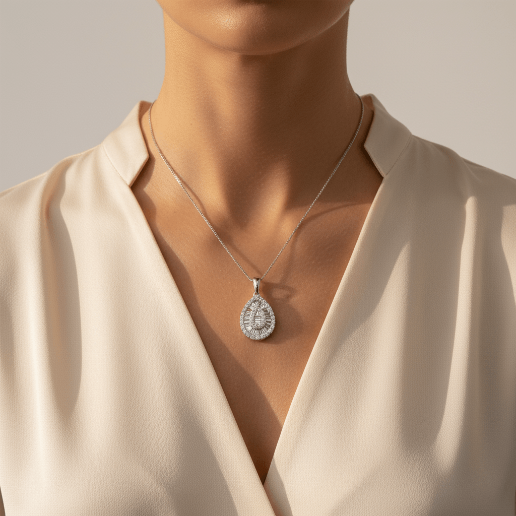 Pear_Shaped_Small_Round_Baguette_Cut_Diamond_Pendant_On_Model_2