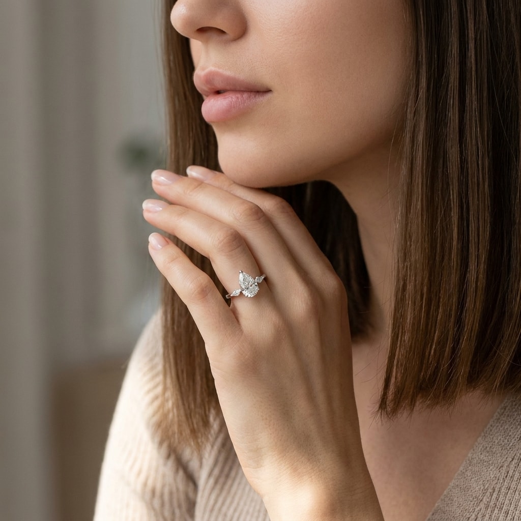 Pear_and_Kite_Side_Stones_Diamond_Engagement_Ring_On_Model