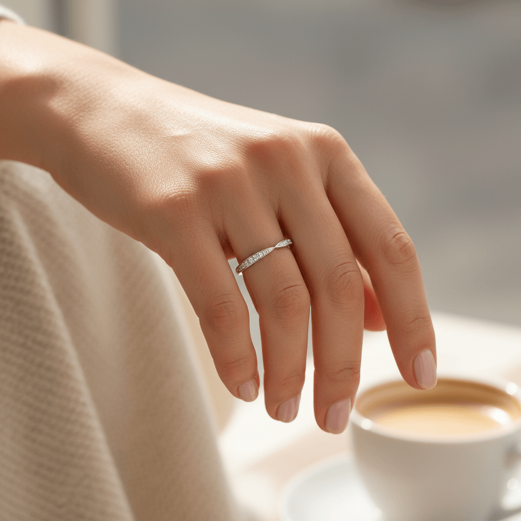 Pinched_Pave_Setting_Diamond_Wedding_Ring_On_Hand