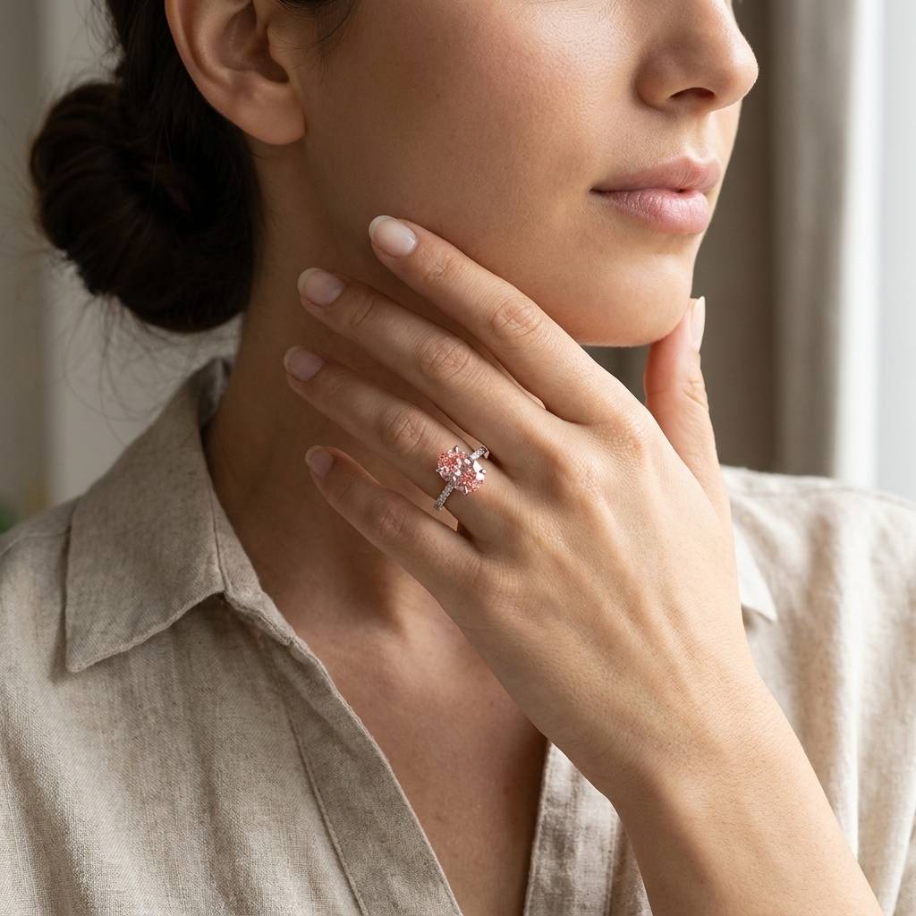 Pink Oval Shoulder Set Solitaire Diamond Engagement Ring - alternate view