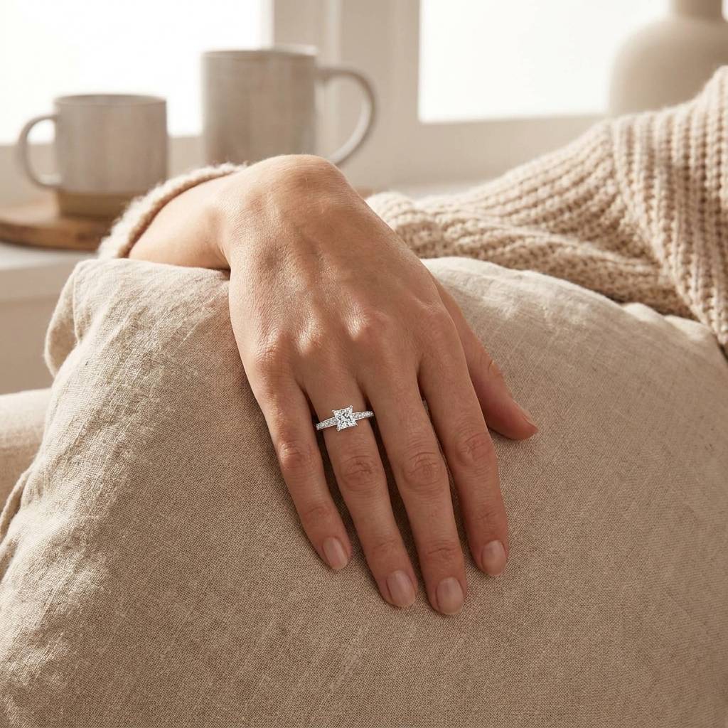 Princess_Shape_Channel_Set_Diamond_Engagement_Ring_On_Hand