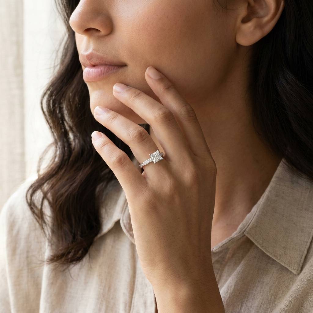 Princess_Shape_Channel_Set_Diamond_Engagement_Ring_On_Model
