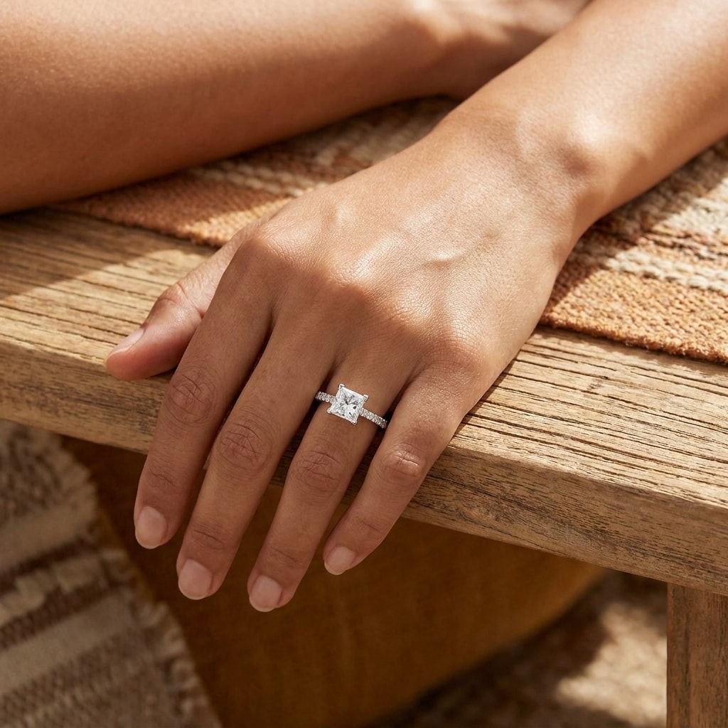 Princess_Shape_Contemporary_Engagement_Ring_On_Hand