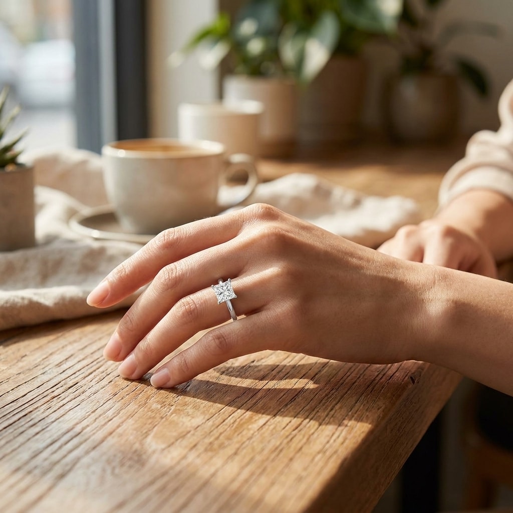 Princess_Shape_Diamond_Engagement_Ring_On_Hand