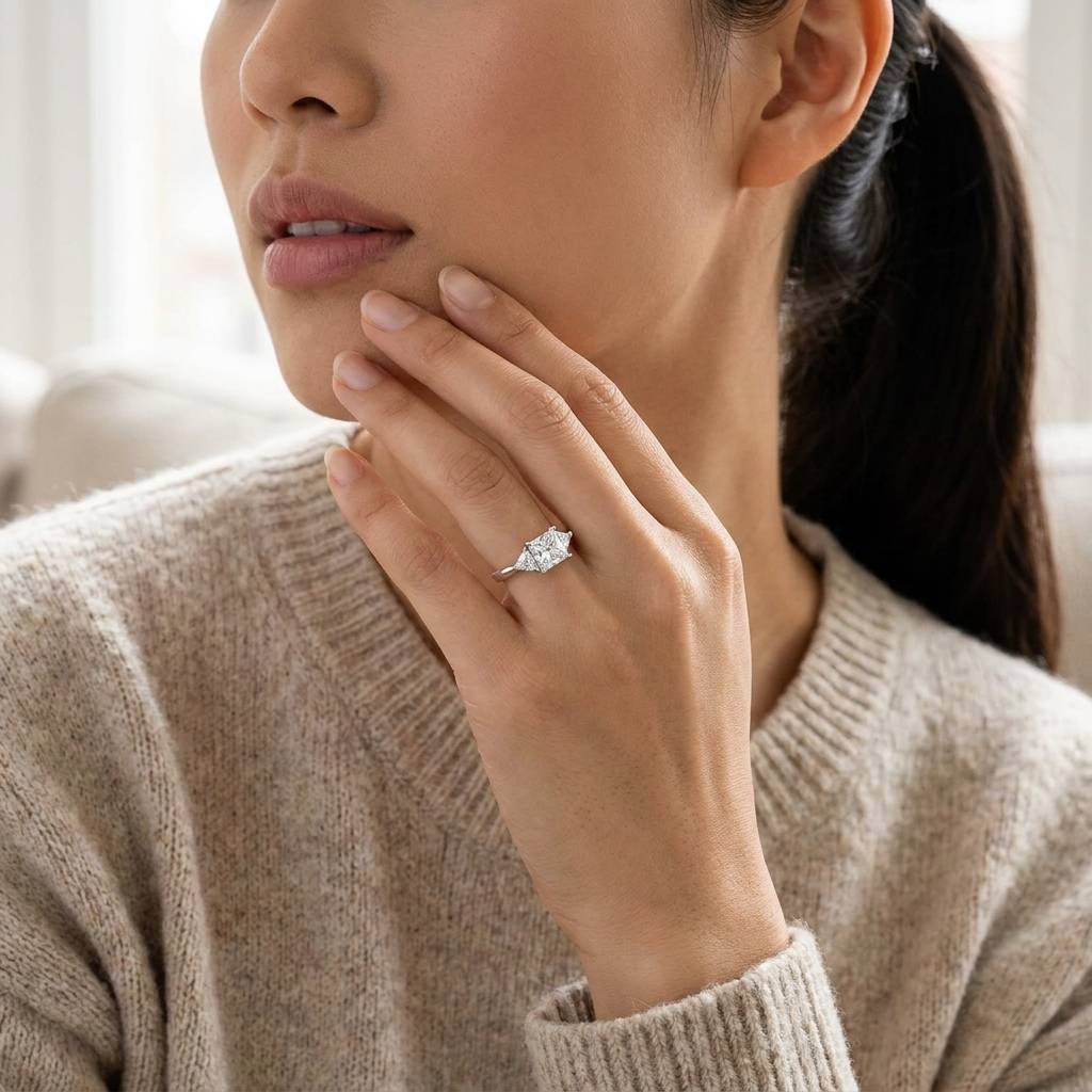 Princess_Shape_Trilliant_Side_Stones_Trilogy_Engagement_Ring_On_Model
