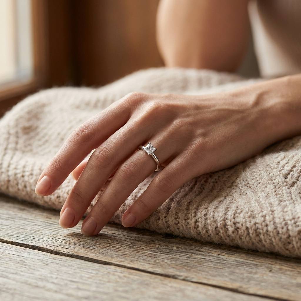 Princess_Shape_Twist_Solitaire_Diamond_Engagement_Ring_On_Hand