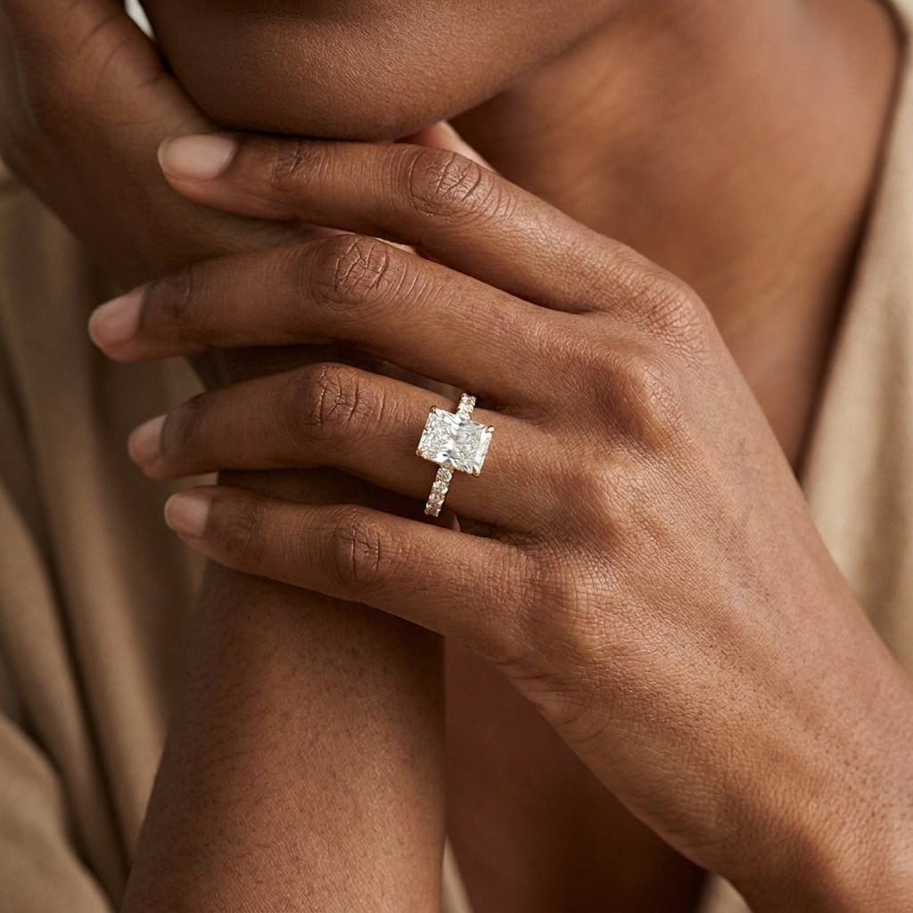 Radiant_Cut_Micro_Set_Diamond_Engagement_Ring_On_Hand