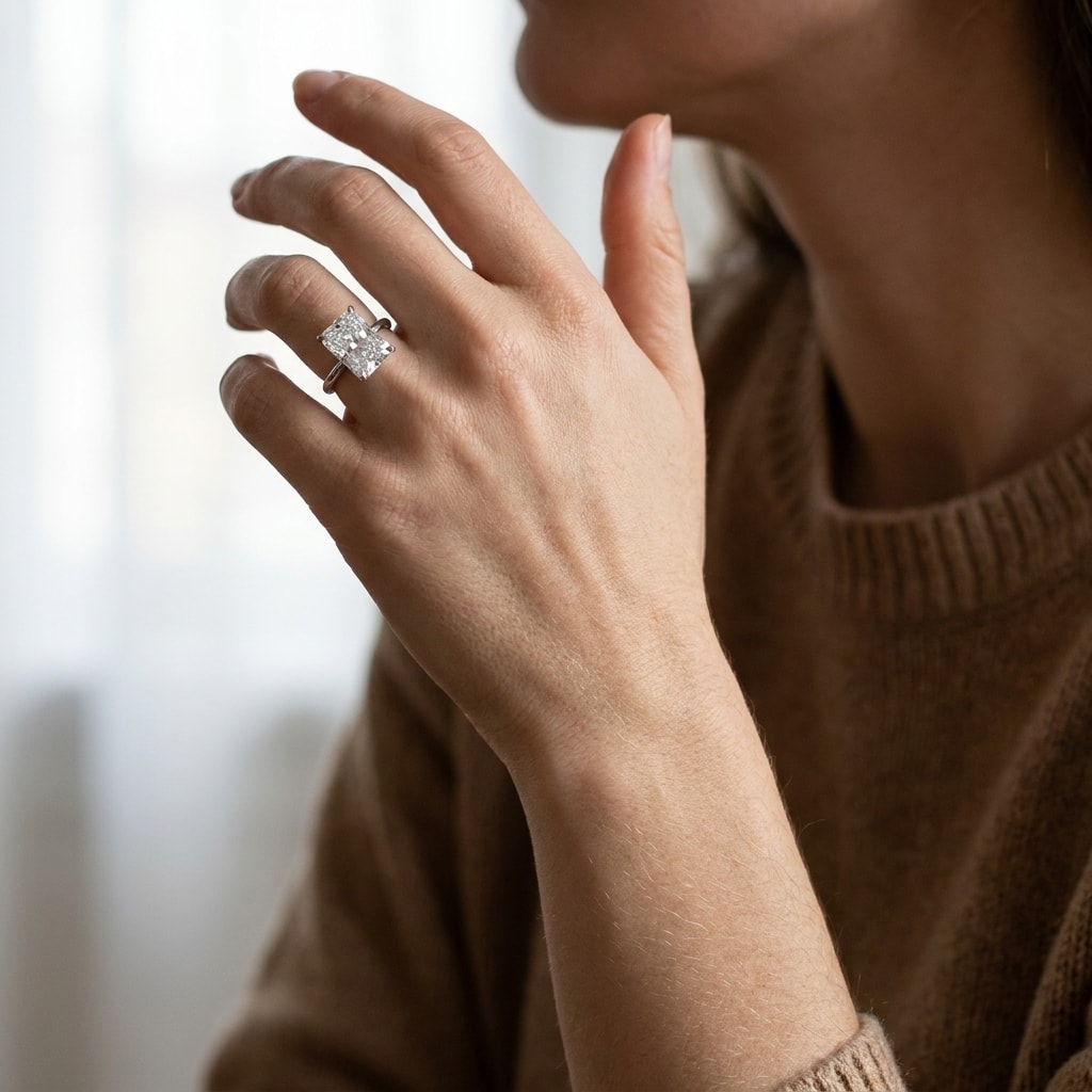 Radiant_Shape_Solitaire_Diamond_Engagement_Ring_On_Hand