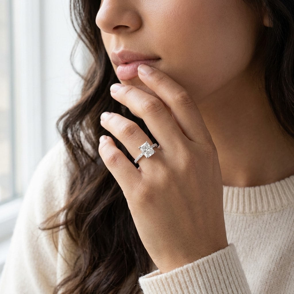 Radiant_Shape_Diamond_Engagement_Ring_On_Model