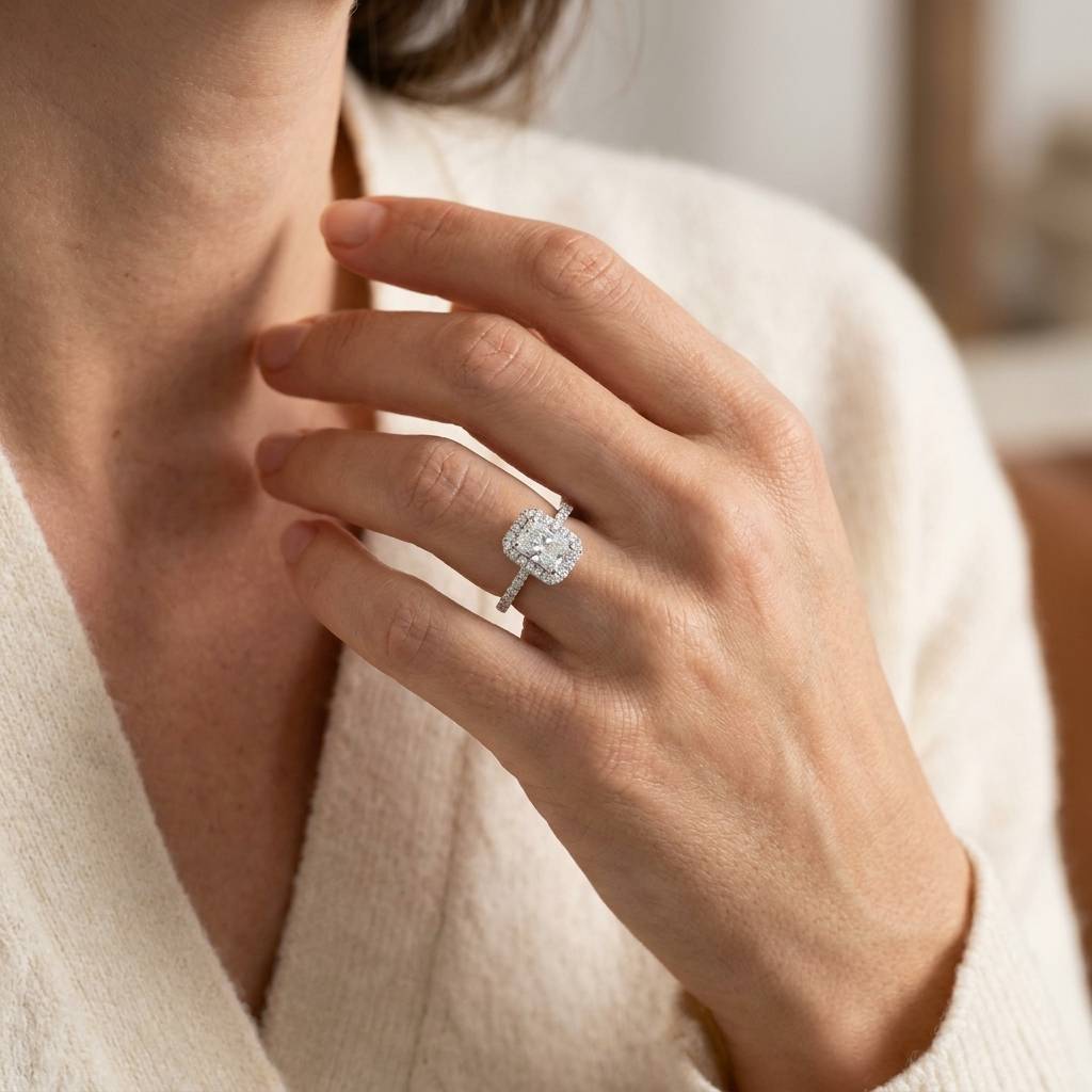 Radiant_Shape_Halo_Lab_Grown_Diamond_Engagement_Ring_On_Hand