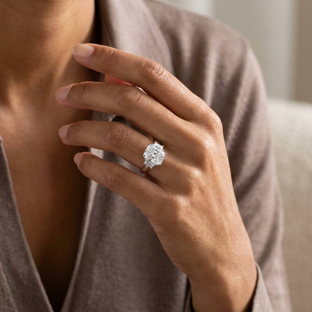 Radiant_Shape_Trapezoids_Trilogy_Diamond_Engagement_Ring_On_Hand