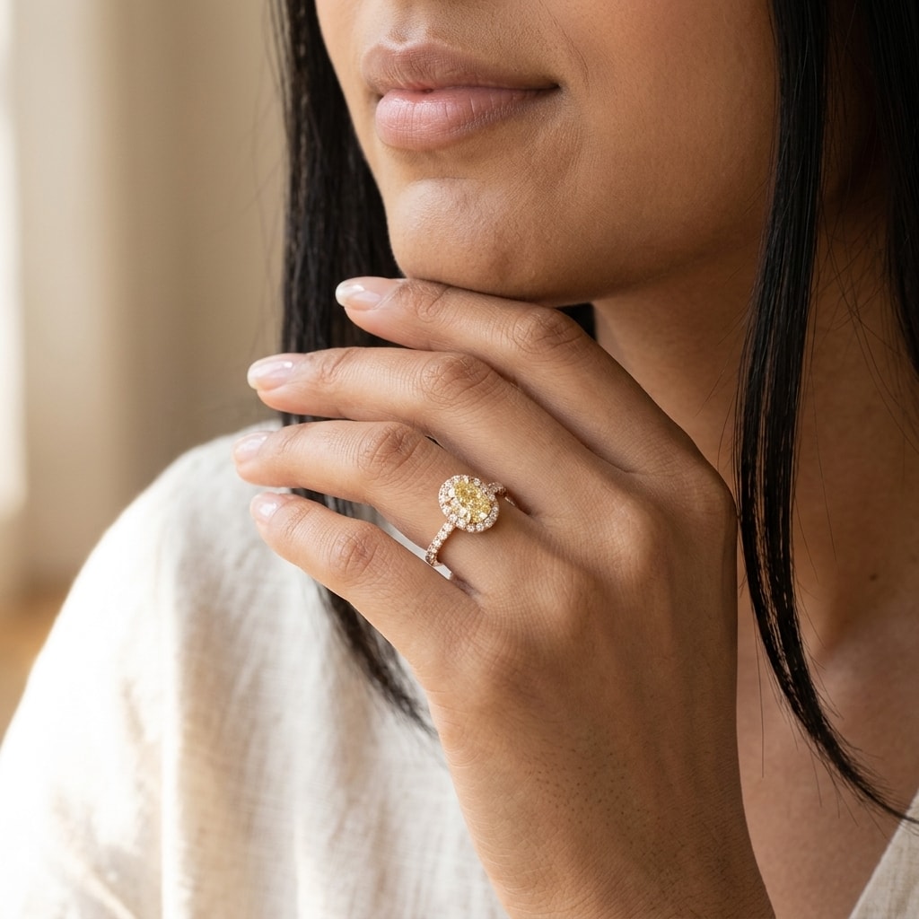 Rose Gold Champagne Oval Shape Diamond Halo Engagement Ring - alternate view