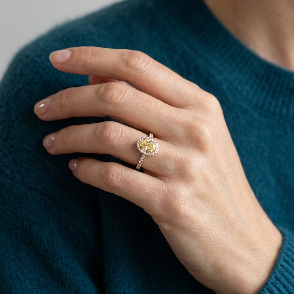 Rose_Gold_Champagne_Oval_Shape_Diamond_Halo_Engagement_Ring_On_Hand