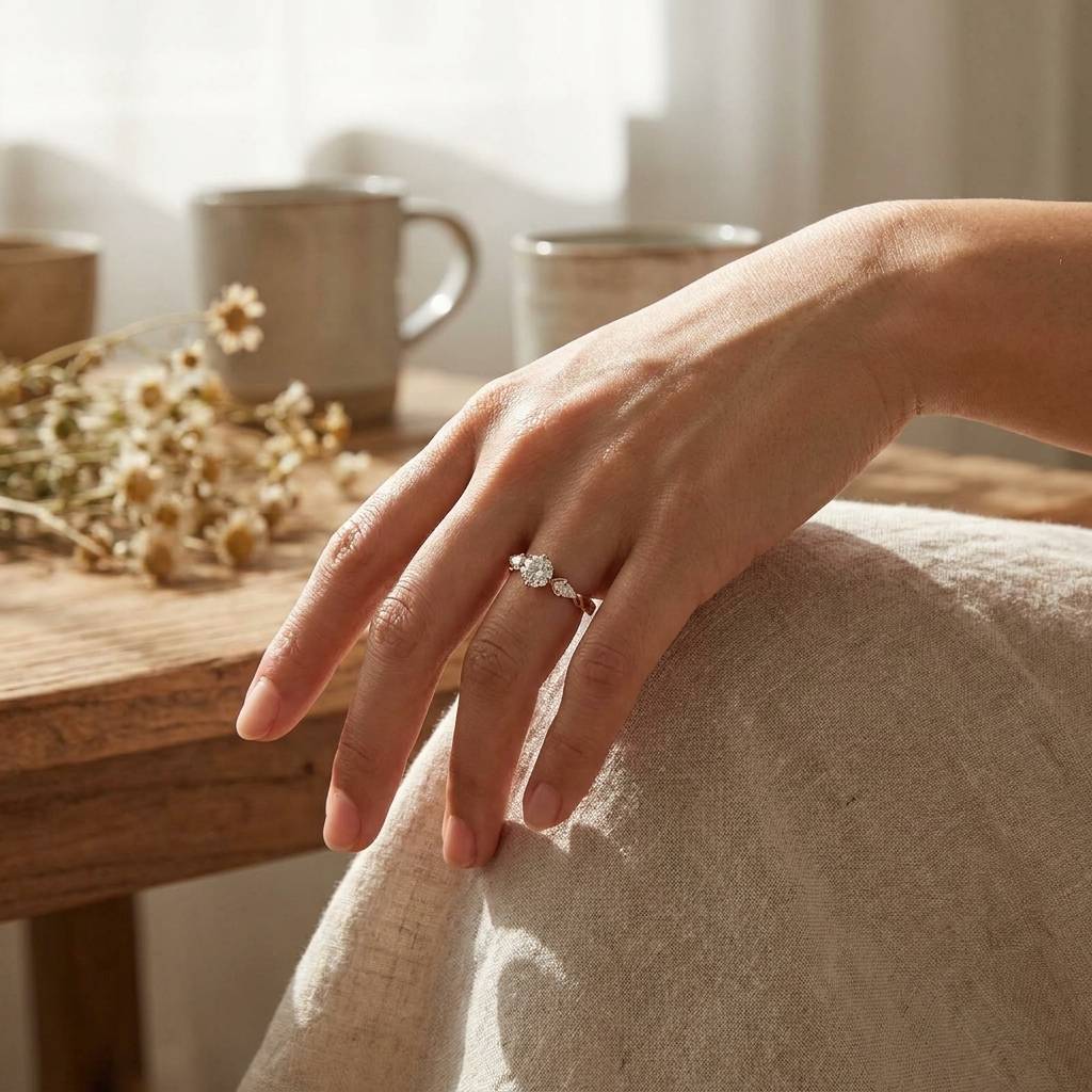Rose_Gold_Pear_Side_Stones_Lab_Grown_Diamond_Engagement_Ring_On_Hand