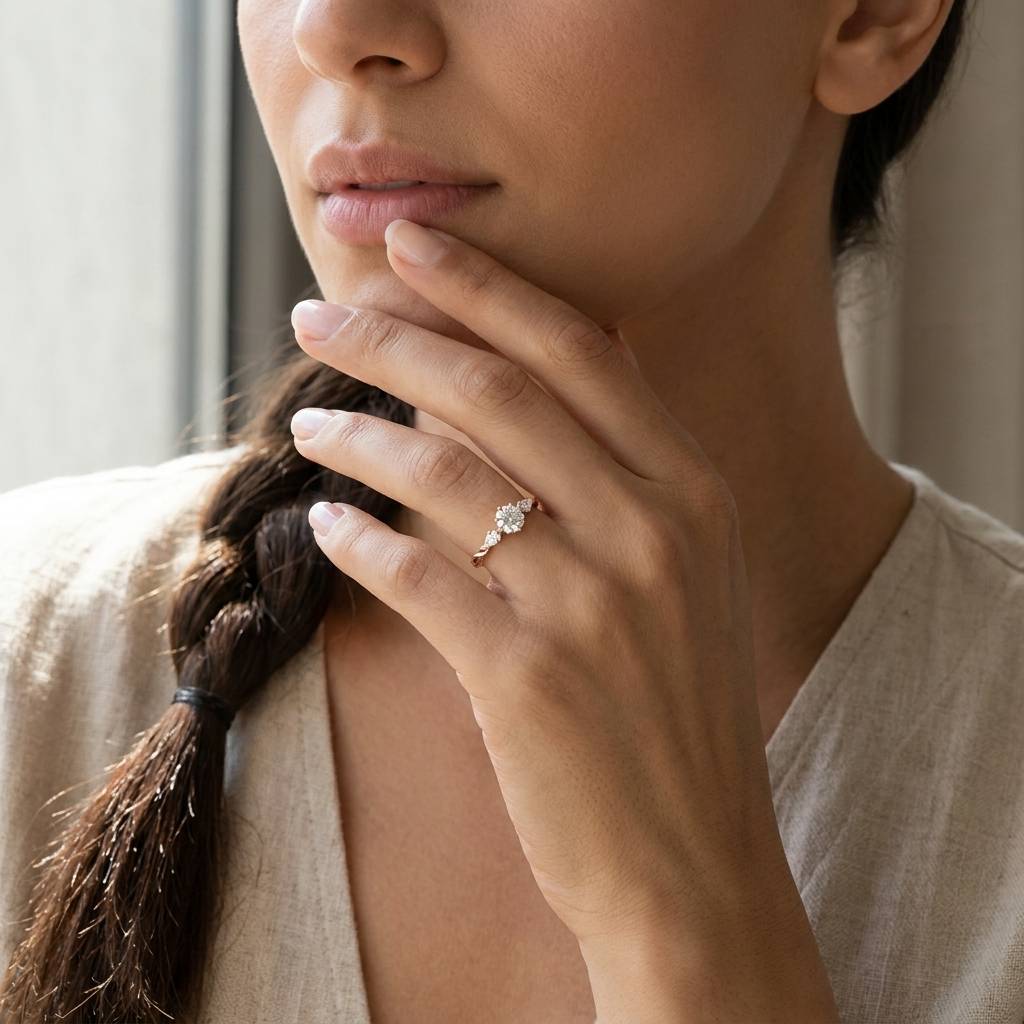 Rose_Gold_Pear_Side_Stones_Lab_Grown_Diamond_Engagement_Ring_On_Model