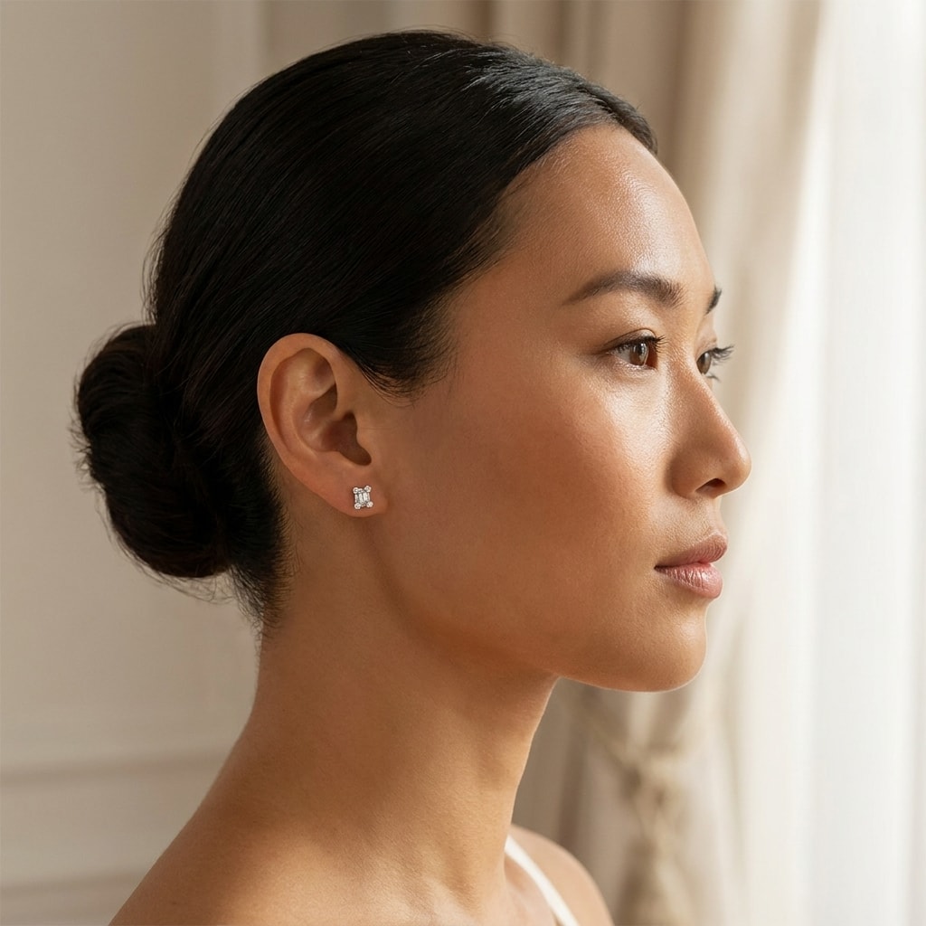 Round_And_Baguette_Cuts_Diamond_Earrings_Studs_On_Model_2