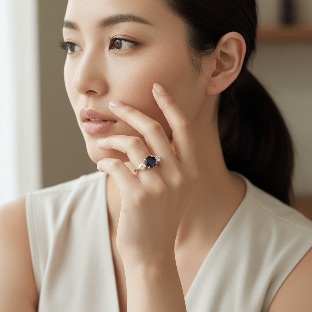 Round Blue Sapphire and Pear Diamond Trilogy Engagement Ring - alternate view