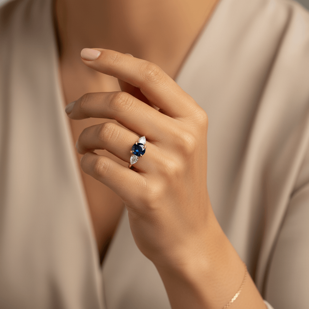 Round_Blue_Sapphire_and_Pear_Diamond_Trilogy_Engagement_Ring_On_Hand