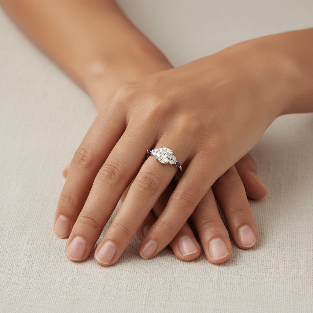 Round_Brilliant_And_Marquise_Side_Lab_Grown_Diamond_Engagement_Ring_On_Hand