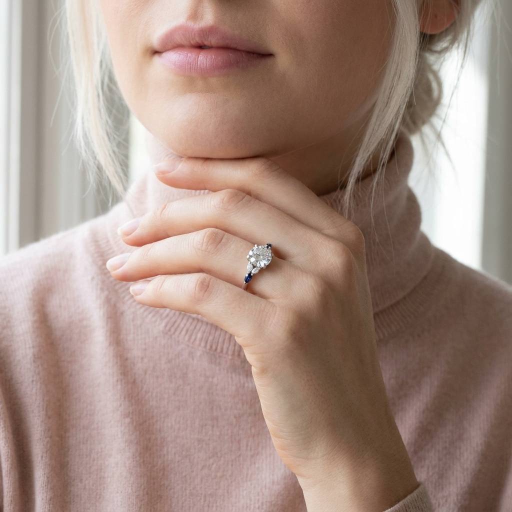 Round Brilliant and Marquise Side Lab Grown Diamond Engagement Ring On Model