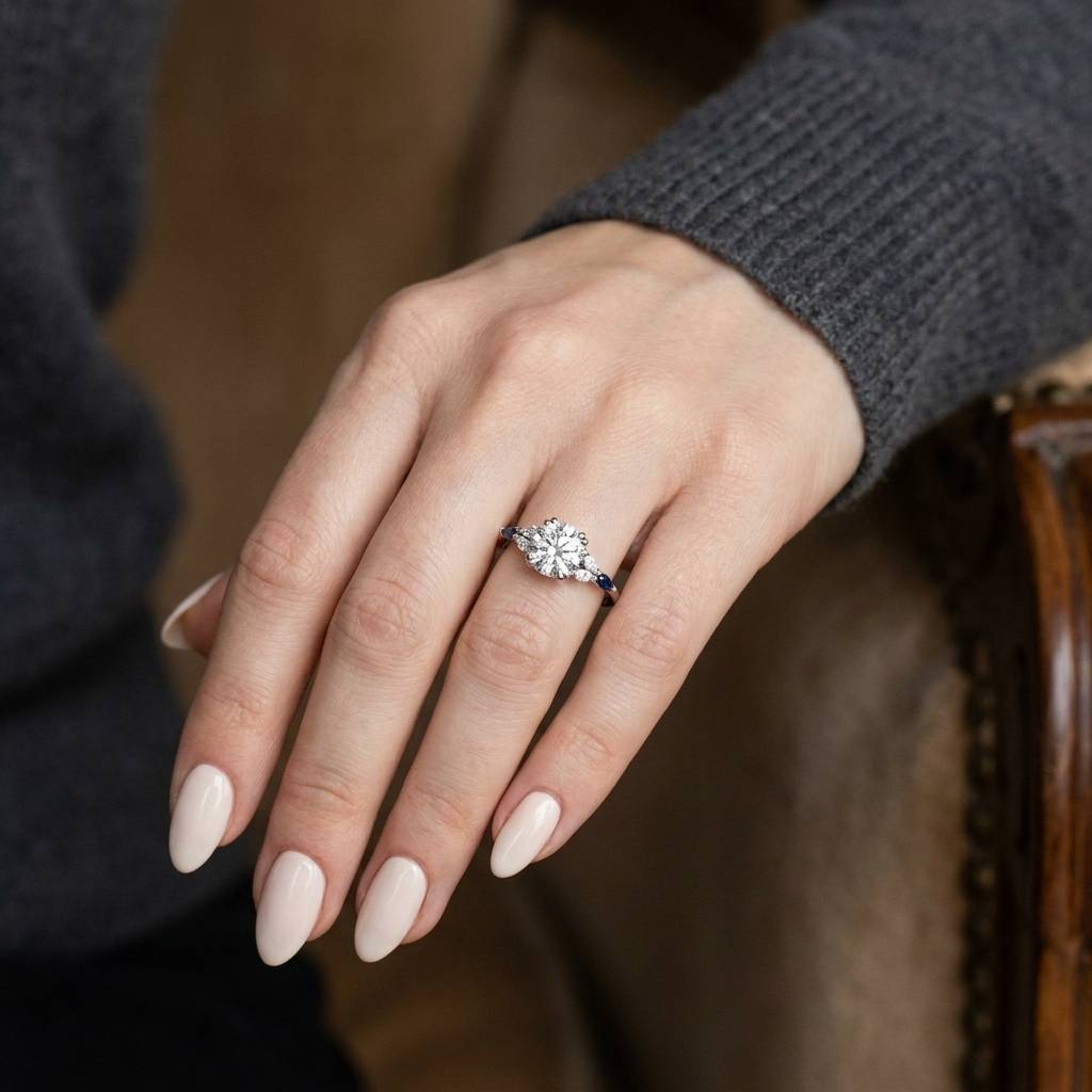 Round Brilliant and Marquise Side Lab Grown Diamond Engagement Ring On Hand