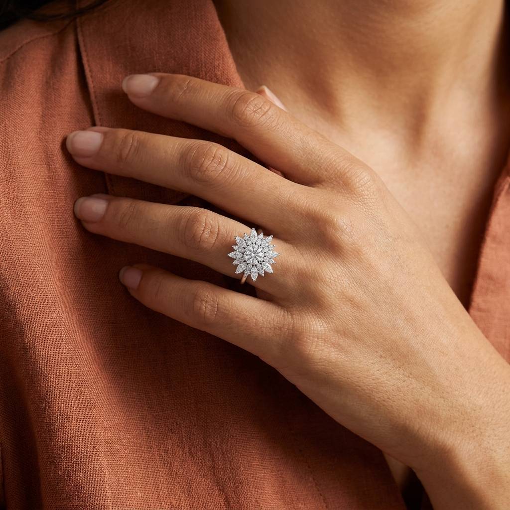 Round Center Marquise Floral Cluster Diamond Engagement Ring view 6