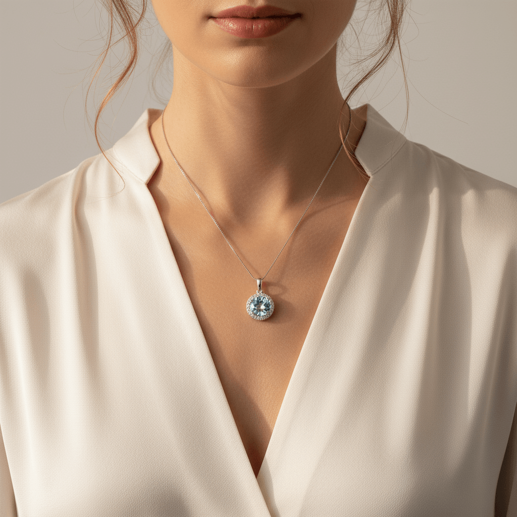 Round_Cut_Aquamarine_Diamond_Halo_Pendant_On_Model_2