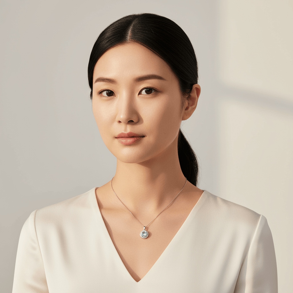 Round_Cut_Aquamarine_Diamond_Halo_Pendant_On_Model