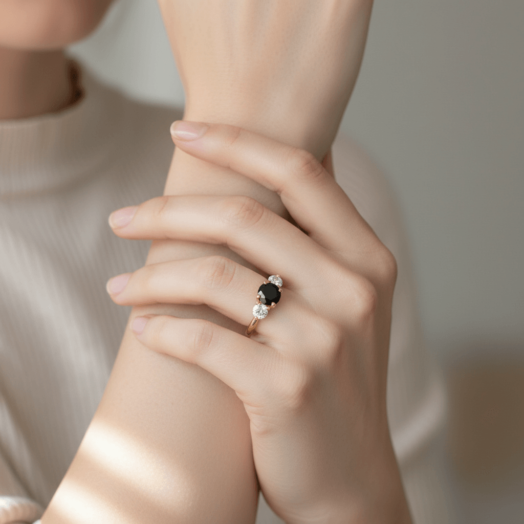Round_Cut_Black_Diamond_Trilogy_Yellow_Gold_Engagement_Ring_On_Hand