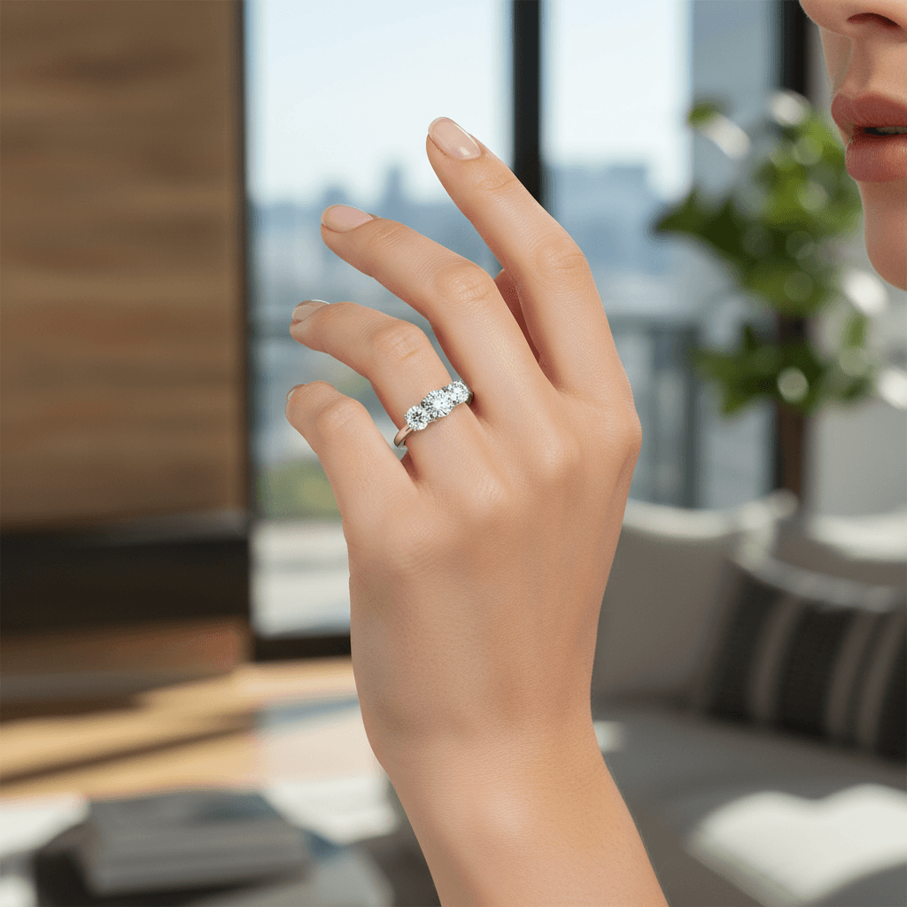 Round_Cut_Trilogy_Classic_Diamond_Engagement_Ring_On_Hand