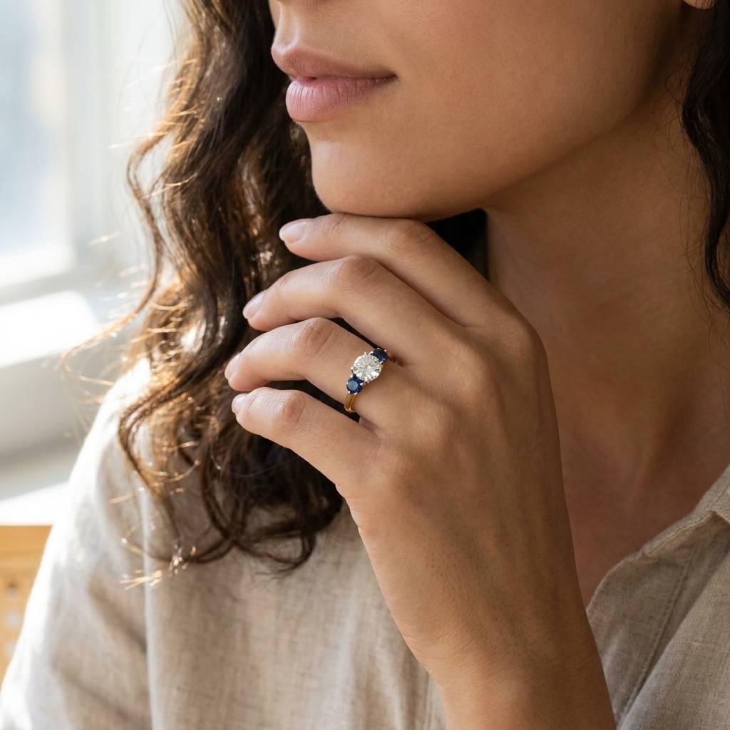 Round Diamond And Teal Sapphires Trilogy Engagement Ring - alternate view