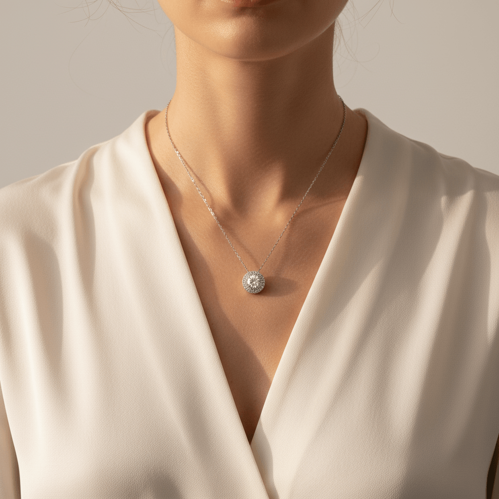 Round_Diamond_Double_Halo_Pendant_On_Model_2